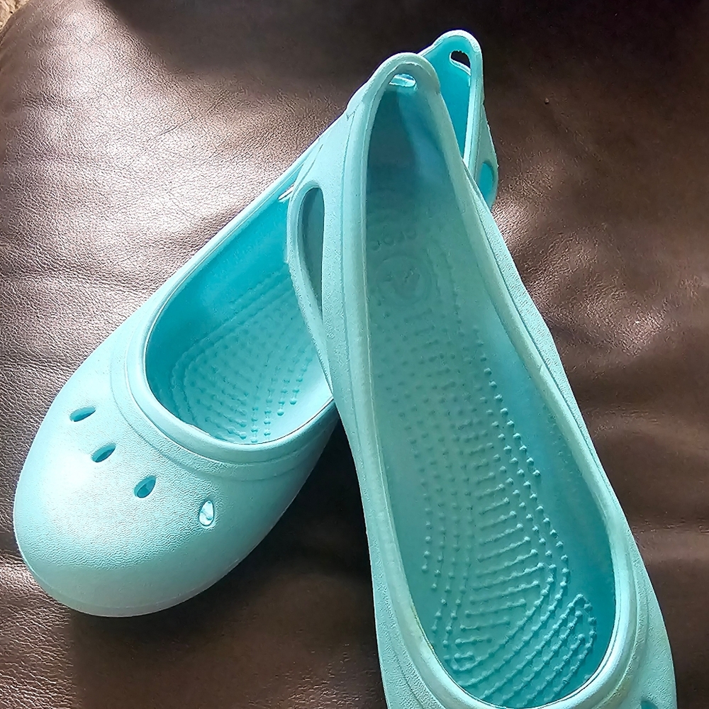 Crocs Ballet Flat Shoes Girls Kids Size J3‎ Kadee Slip On Comfort Teal Blue EUC - Picture 2 of 8